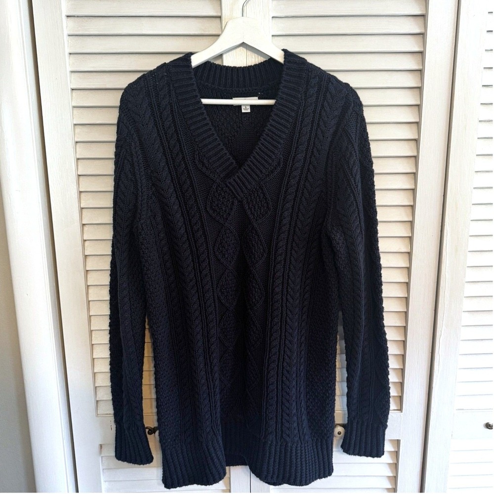 LL Bean Signature‎ Sweater Cable Knit S Navy Blue Womens V-Neck Cotton Pullover
